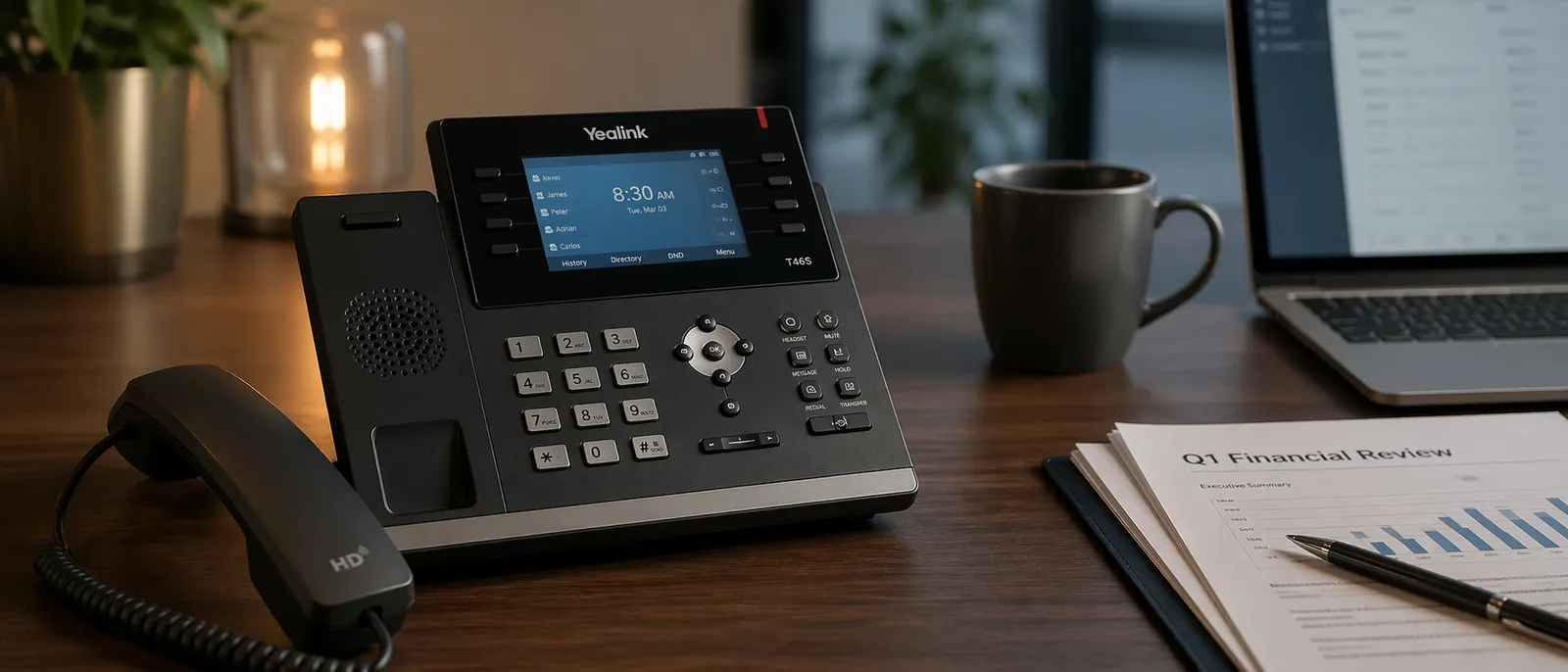 Yealink VoIP desk phone on an office desk with a clipboard labeled Q1 Financial Review and a laptop in the background