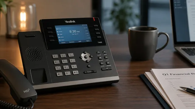 Yealink VoIP desk phone on an office desk with a clipboard labeled Q1 Financial Review and a laptop in the background