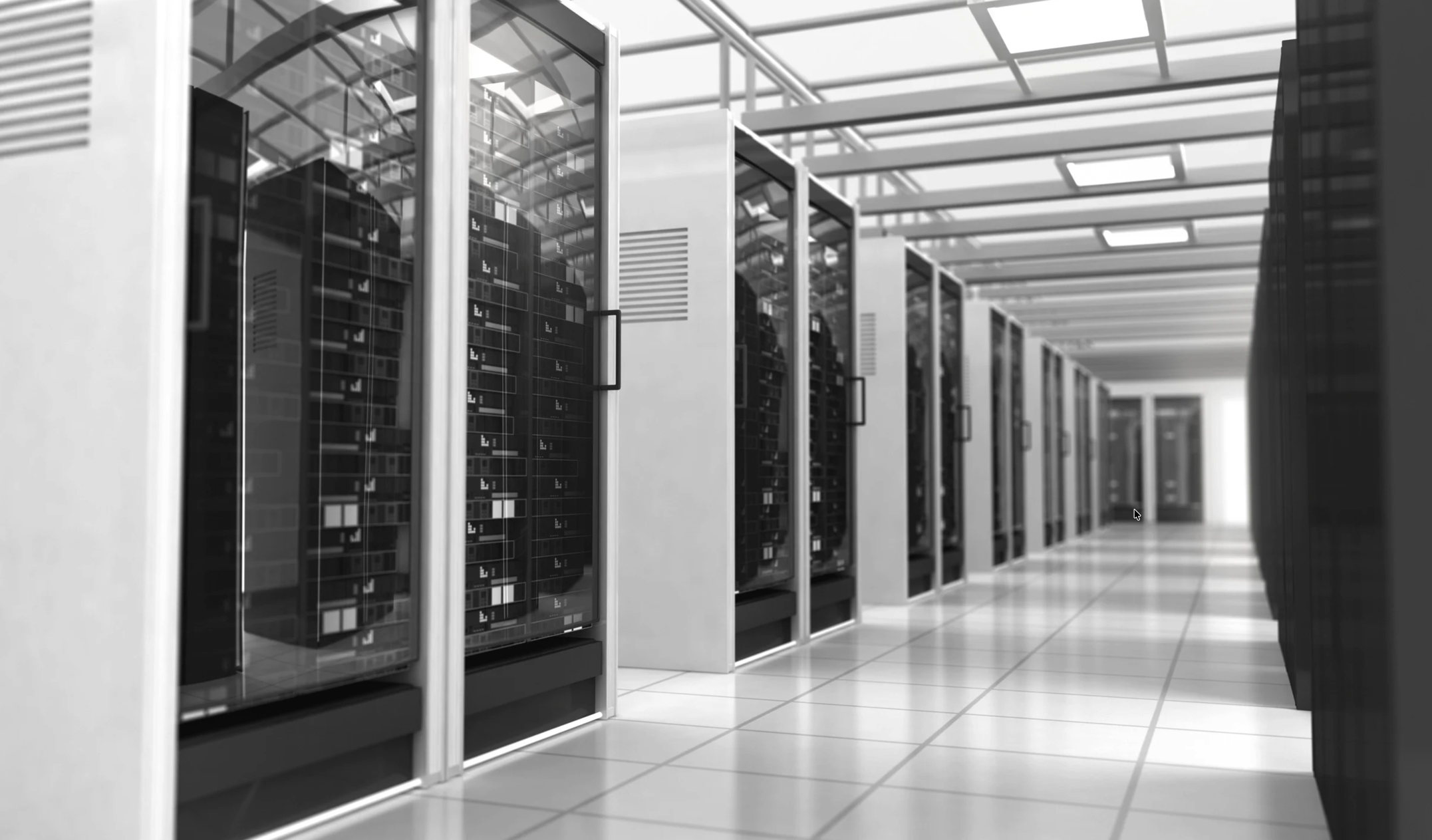 Data center server room with rows of server cabinets