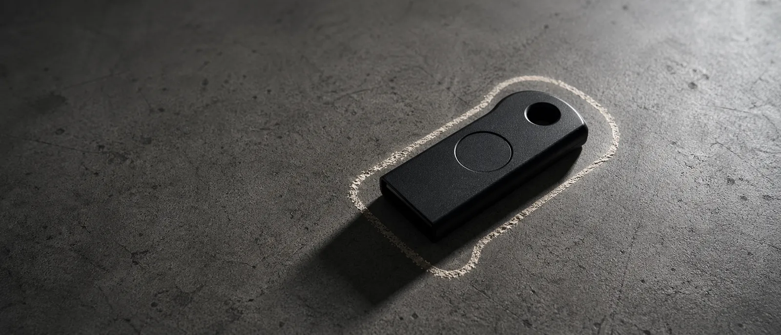 A matte black hardware security key resting on weathered concrete, encircled by a hand-drawn chalk perimeter, lit by a single cold directional light from the upper right.