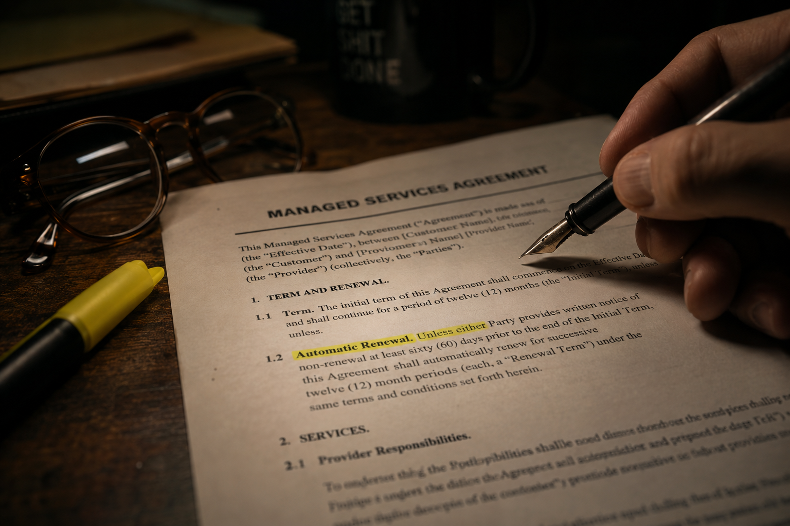 A managed services agreement on a wooden desk under a single warm lamp, a hand holding a fountain pen poised above it while the "Automatic Renewal" clause sits highlighted in yellow, with reading glasses and a highlighter nearby.