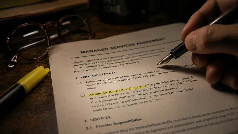 A managed services agreement on a wooden desk under a single warm lamp, a hand holding a fountain pen poised above it while the "Automatic Renewal" clause sits highlighted in yellow, with reading glasses and a highlighter nearby.