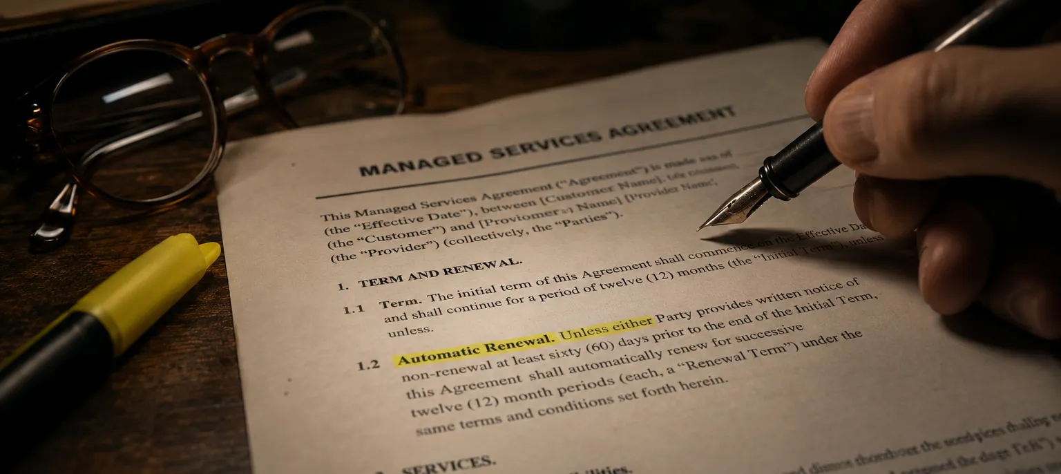 A managed services agreement on a wooden desk under a single warm lamp, a hand holding a fountain pen poised above it while the "Automatic Renewal" clause sits highlighted in yellow, with reading glasses and a highlighter nearby.