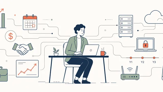 Flat editorial illustration of a person at a laptop centered between two clusters of icons. On the left, business-world symbols — bar chart, calendar, dollar sign, handshake, briefcase, documents. On the right, IT-world symbols — server rack, cloud, security shield, locked laptop, three-year timeline, router, backup drive. Thin navy lines connect the figure outward to both clusters across a cream background.