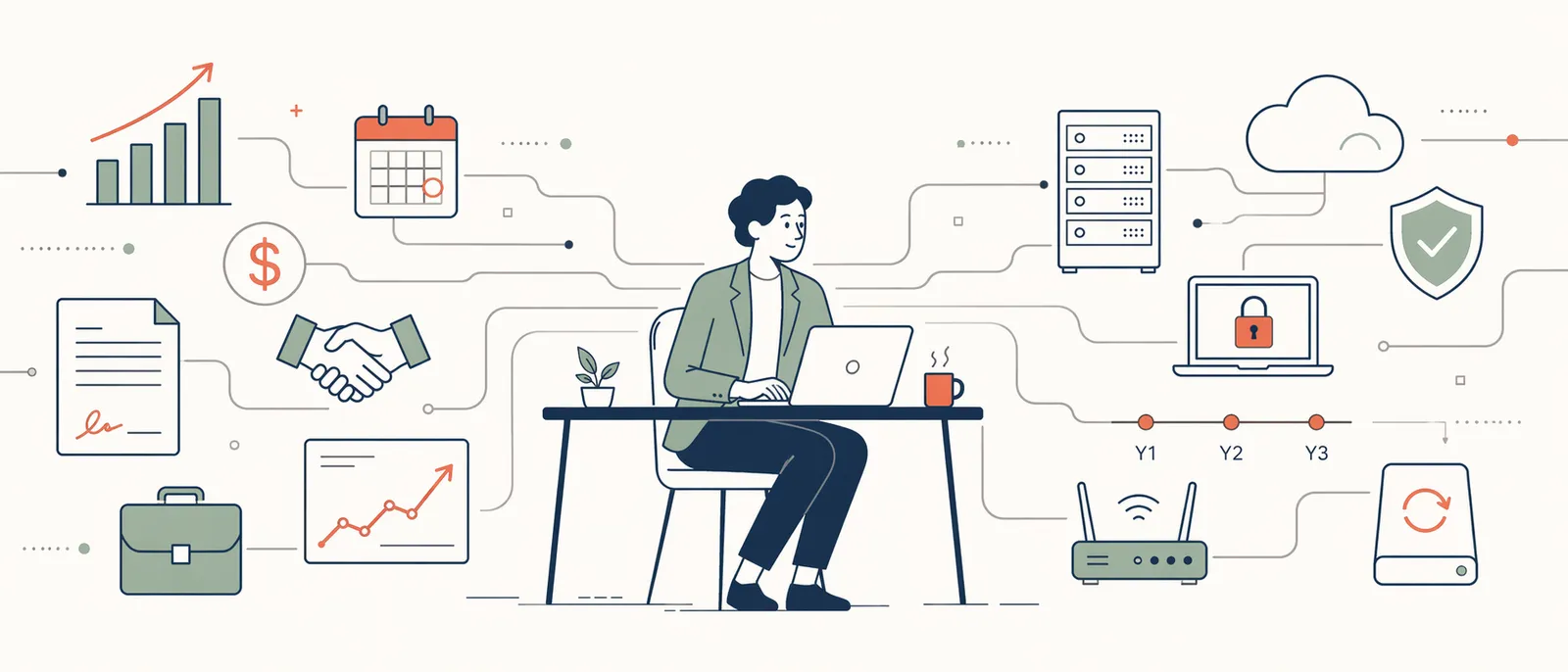 Flat editorial illustration of a person at a laptop centered between two clusters of icons. On the left, business-world symbols — bar chart, calendar, dollar sign, handshake, briefcase, documents. On the right, IT-world symbols — server rack, cloud, security shield, locked laptop, three-year timeline, router, backup drive. Thin navy lines connect the figure outward to both clusters across a cream background.