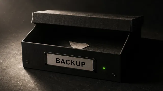 Black archival document box labeled "BACKUP", lid tilted open to reveal an empty interior with a single torn scrap of paper, Signal Green active LED on the box edge contradicting the emptiness inside