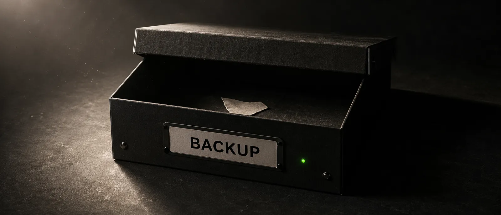 Black archival document box labeled "BACKUP", lid tilted open to reveal an empty interior with a single torn scrap of paper, Signal Green active LED on the box edge contradicting the emptiness inside