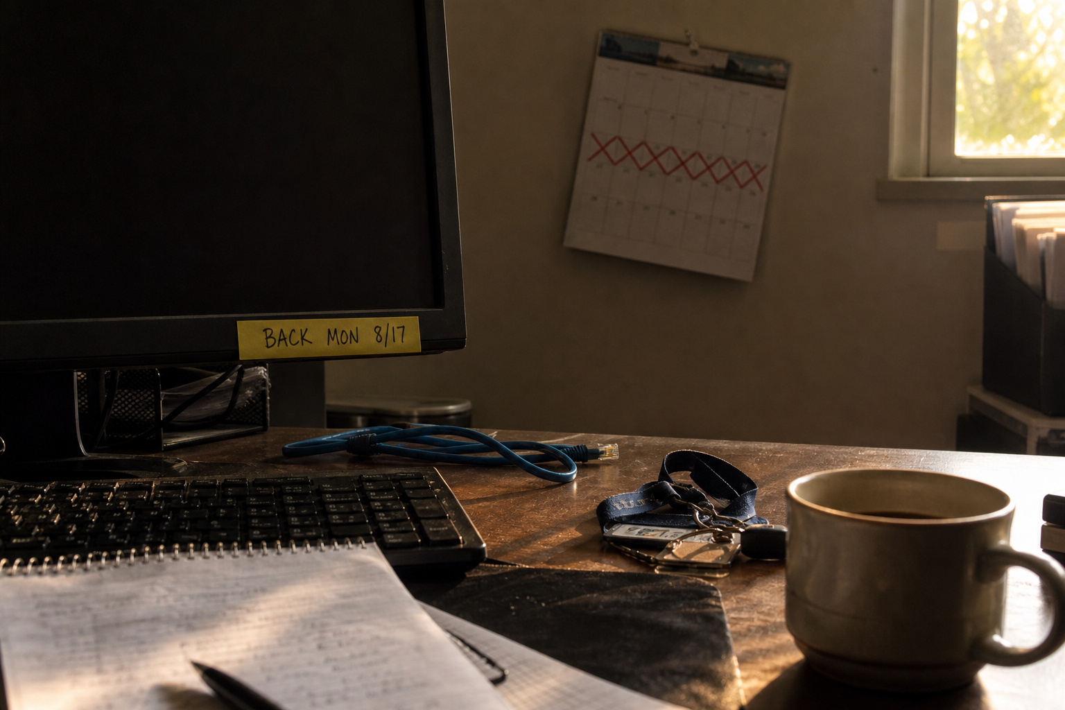 An IT person's empty desk in low evening light, dark monitor with a sticky note reading Back Mon 8/17, a wall calendar behind it with a week crossed off in red, a coiled blue network cable, badge lanyard, handwritten notebook, and a full coffee mug in the foreground