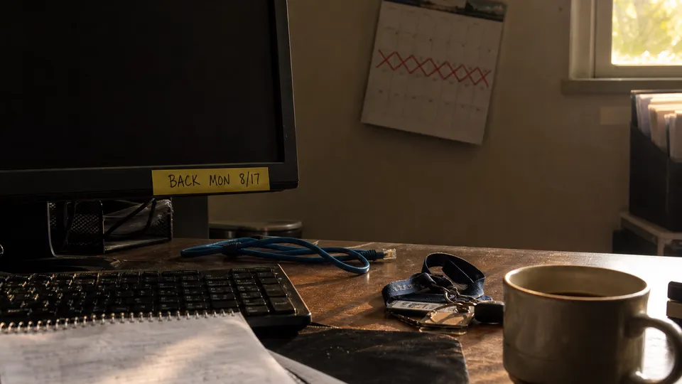 An IT person's empty desk in low evening light, dark monitor with a sticky note reading Back Mon 8/17, a wall calendar behind it with a week crossed off in red, a coiled blue network cable, badge lanyard, handwritten notebook, and a full coffee mug in the foreground