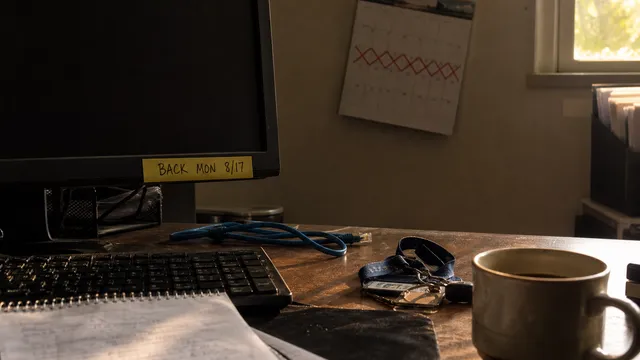 An IT person's empty desk in low evening light, dark monitor with a sticky note reading Back Mon 8/17, a wall calendar behind it with a week crossed off in red, a coiled blue network cable, badge lanyard, handwritten notebook, and a full coffee mug in the foreground
