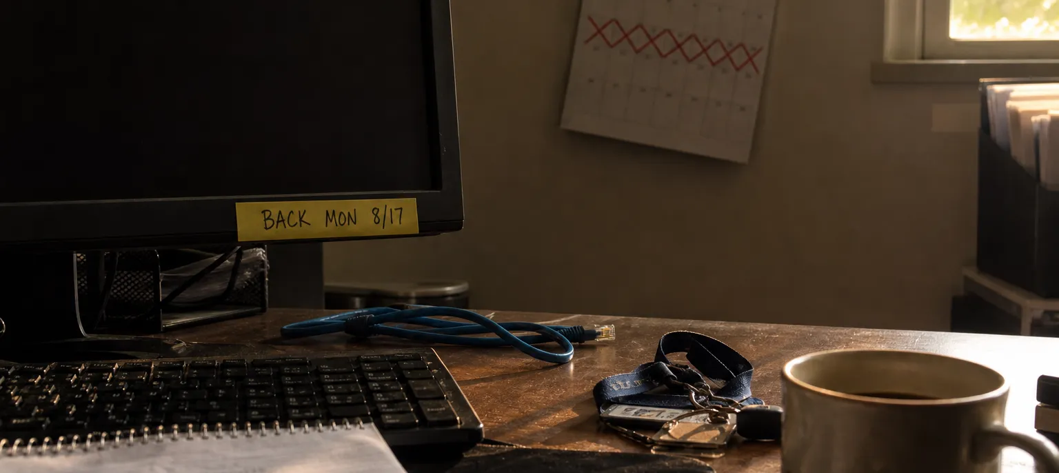 An IT person's empty desk in low evening light, dark monitor with a sticky note reading Back Mon 8/17, a wall calendar behind it with a week crossed off in red, a coiled blue network cable, badge lanyard, handwritten notebook, and a full coffee mug in the foreground