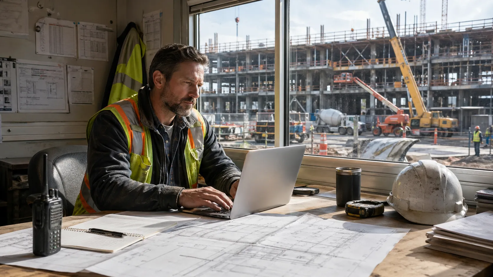 Construction manager working on a laptop in a jobsite field office
