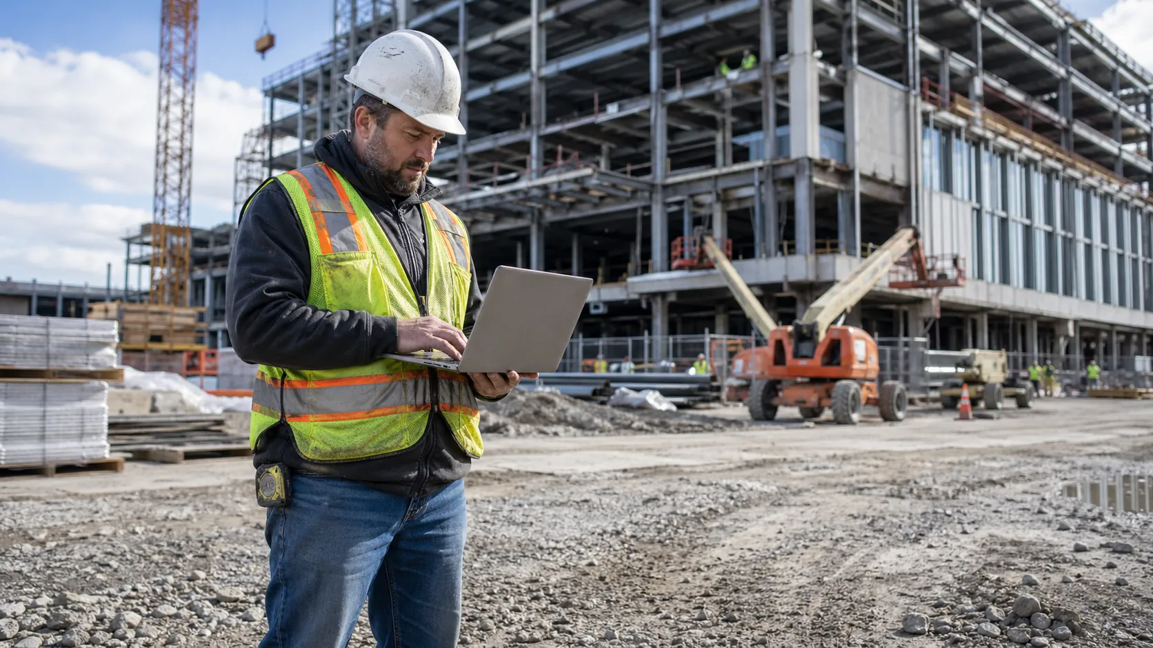 Construction manager using a laptop on a jobsite