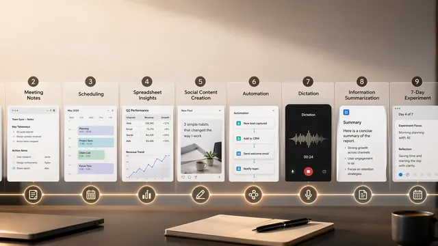 Editorial overhead layout of ten smartphone mockups on a wooden desk, each numbered 1 through 10 and labeled with a daily AI habit (email drafting, meeting notes, scheduling, spreadsheet insights, social content, automation, dictation, summarization, 7-day experiment, strategic reflection), connected by a timeline, with a notebook, pen, and coffee cup in the foreground