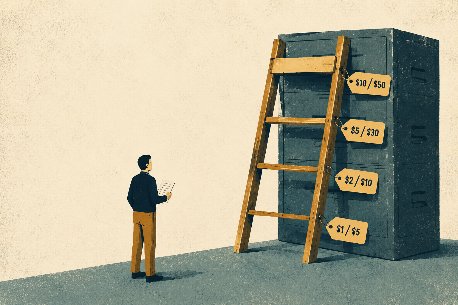 Editorial illustration of a man holding a single sheet of paper and considering a wooden ladder leaned against a tall filing cabinet, with four price tags hanging beside the rungs reading $10/$50, $5/$30, $2/$10, and $1/$5.