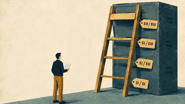 Editorial illustration of a man holding a single sheet of paper and considering a wooden ladder leaned against a tall filing cabinet, with four price tags hanging beside the rungs reading $10/$50, $5/$30, $2/$10, and $1/$5.