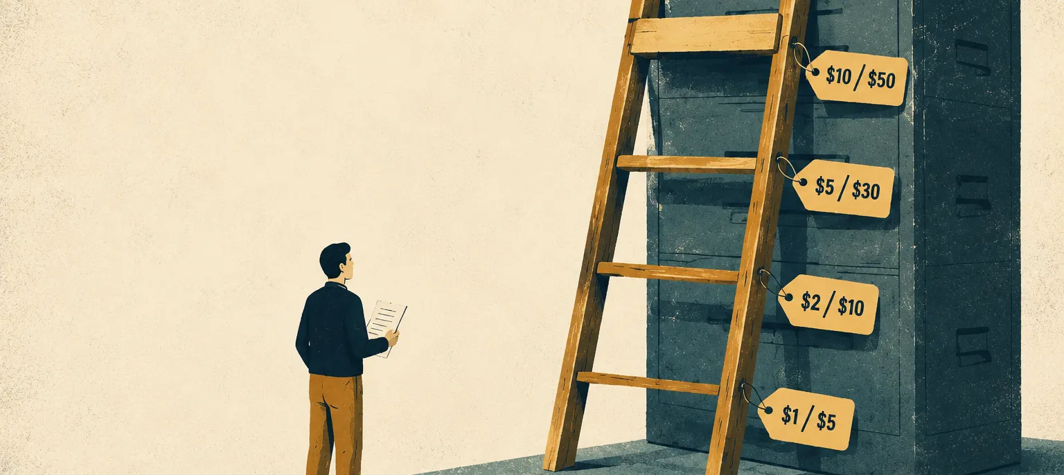 Editorial illustration of a man holding a single sheet of paper and considering a wooden ladder leaned against a tall filing cabinet, with four price tags hanging beside the rungs reading $10/$50, $5/$30, $2/$10, and $1/$5.