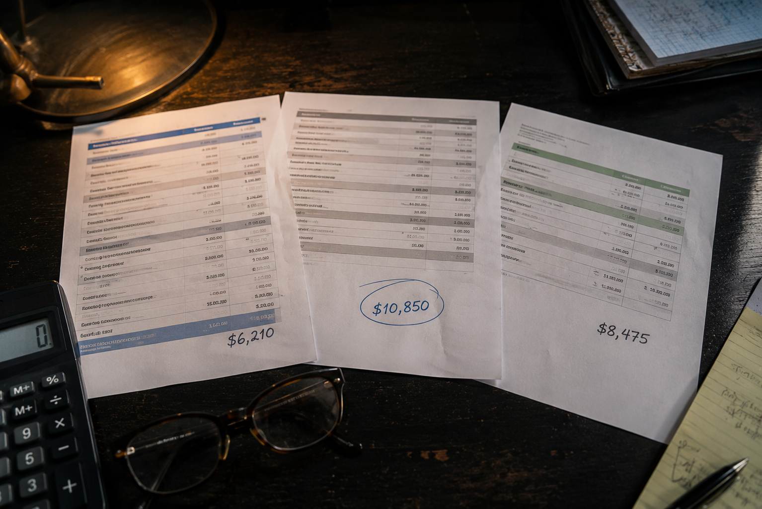 Three printed IT service quotes fanned across a dark desk under warm lamplight, each ending in a different handwritten total, with the highest, $10,850, circled in blue pen beside a calculator, reading glasses, and a yellow legal pad.