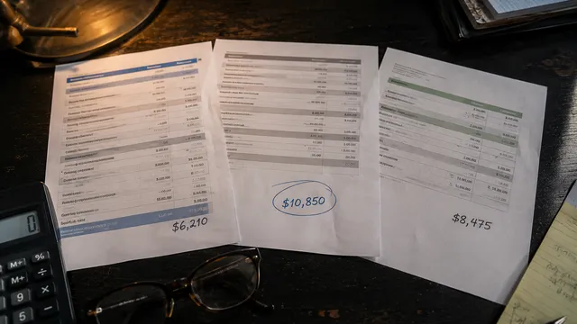 Three printed IT service quotes fanned across a dark desk under warm lamplight, each ending in a different handwritten total, with the highest, $10,850, circled in blue pen beside a calculator, reading glasses, and a yellow legal pad.