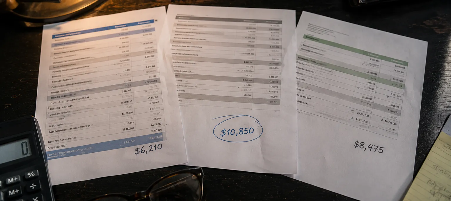Three printed IT service quotes fanned across a dark desk under warm lamplight, each ending in a different handwritten total, with the highest, $10,850, circled in blue pen beside a calculator, reading glasses, and a yellow legal pad.
