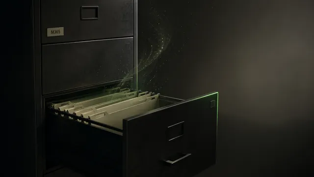 Dark filing cabinet with drawer open, empty hanging folders, wisps of green digital particles dissolving upward out of the drawer