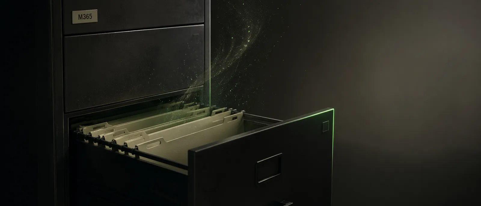 Dark filing cabinet with drawer open, empty hanging folders, wisps of green digital particles dissolving upward out of the drawer