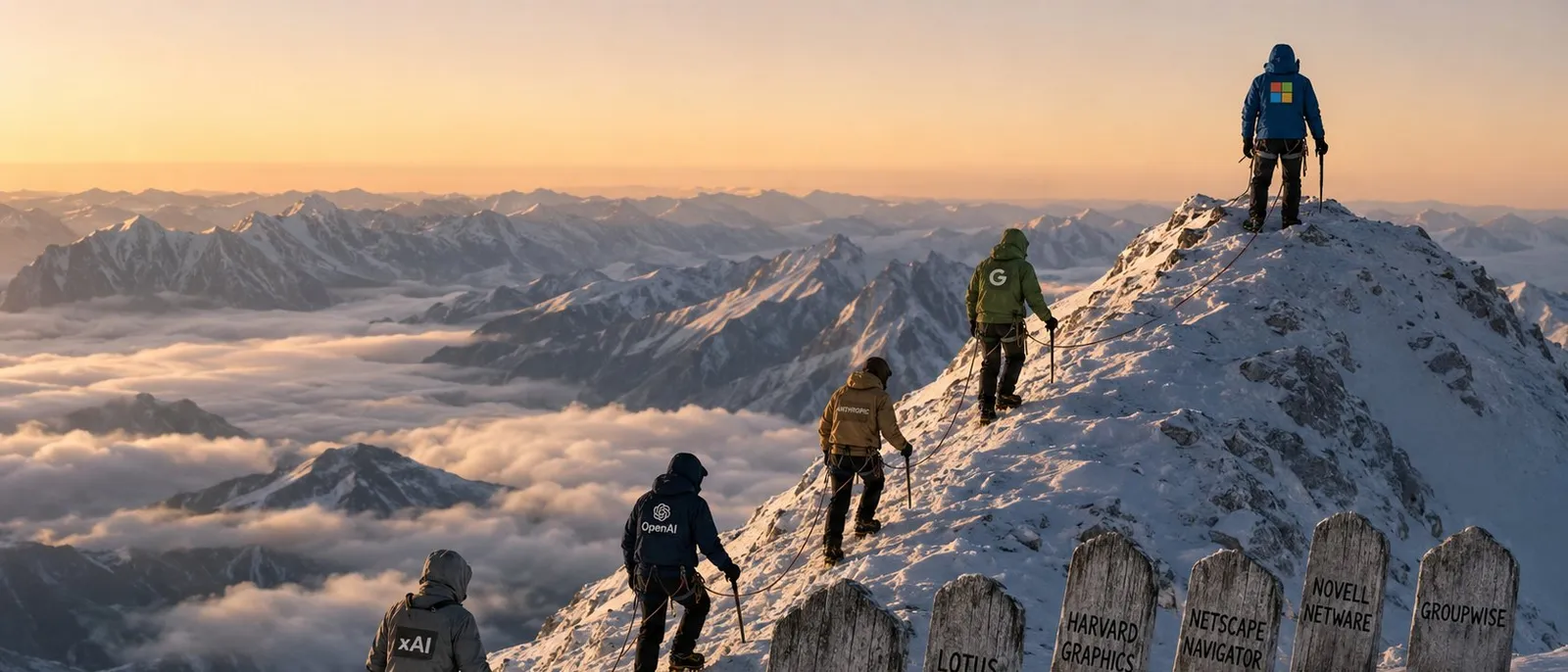 Five mountaineers climbing a snowy ridge at sunset toward a lone Microsoft climber at the summit, with gravestones for displaced past competitors at the base