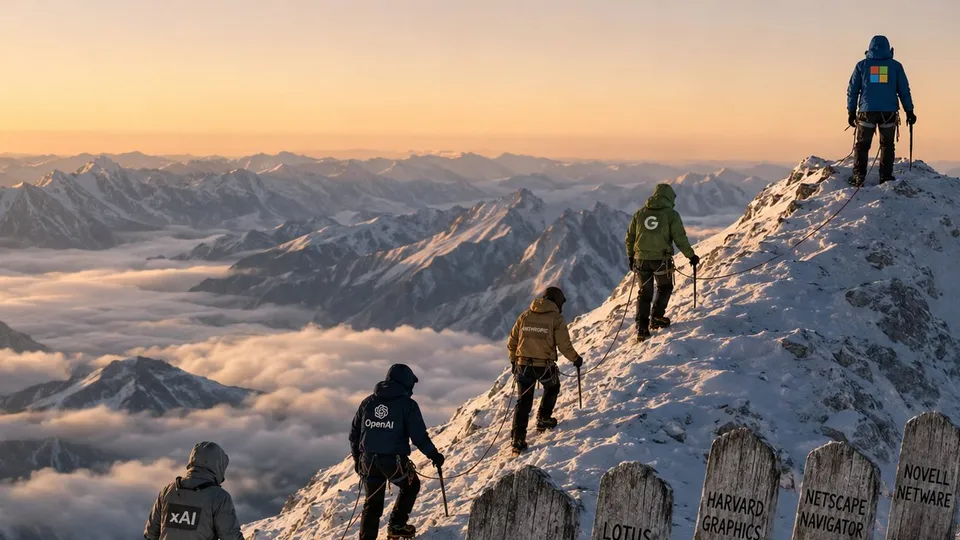 Five mountaineers climbing a snowy ridge at sunset toward a lone Microsoft climber at the summit, with gravestones for displaced past competitors at the base