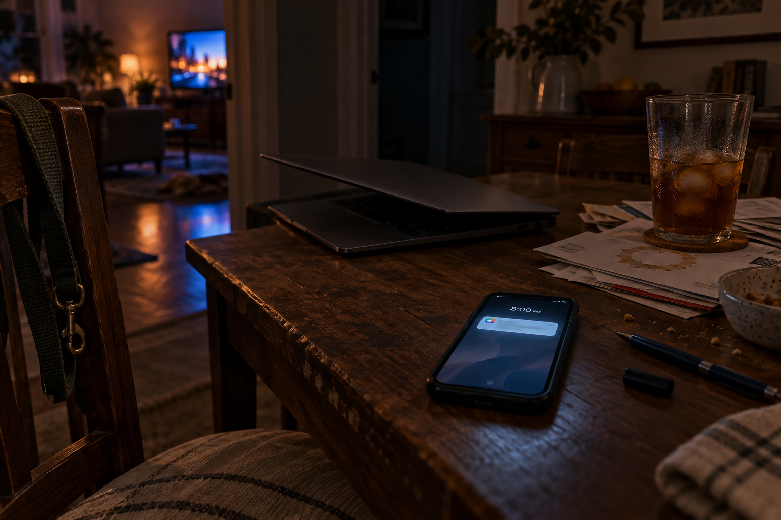 Dim kitchen table on a Saturday night: a half-closed laptop, a sweating glass of iced tea on a stack of mail, crumbs, and an uncapped pen, with a phone face up in the foreground that has just lit up with a notification and the time 8:00 PM. A dog leash hangs on the chair, and a TV glows in the next room.