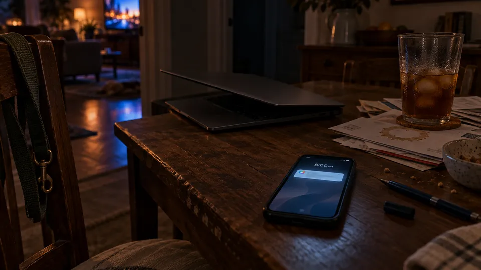 Dim kitchen table on a Saturday night: a half-closed laptop, a sweating glass of iced tea on a stack of mail, crumbs, and an uncapped pen, with a phone face up in the foreground that has just lit up with a notification and the time 8:00 PM. A dog leash hangs on the chair, and a TV glows in the next room.