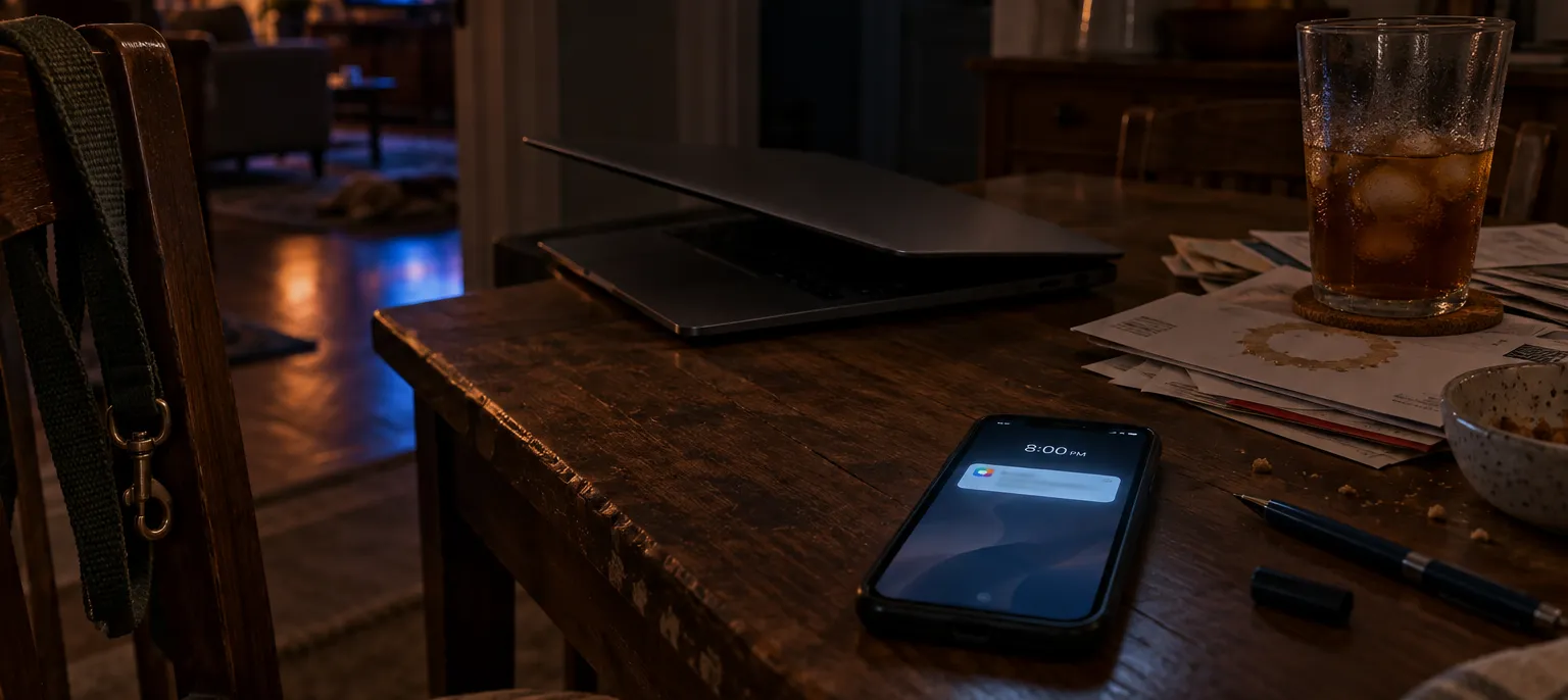 Dim kitchen table on a Saturday night: a half-closed laptop, a sweating glass of iced tea on a stack of mail, crumbs, and an uncapped pen, with a phone face up in the foreground that has just lit up with a notification and the time 8:00 PM. A dog leash hangs on the chair, and a TV glows in the next room.