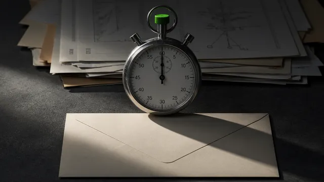 A mechanical stopwatch rests on a plain unopened envelope atop a fanned stack of documents on a matte charcoal desk, lit by a single hard directional light.