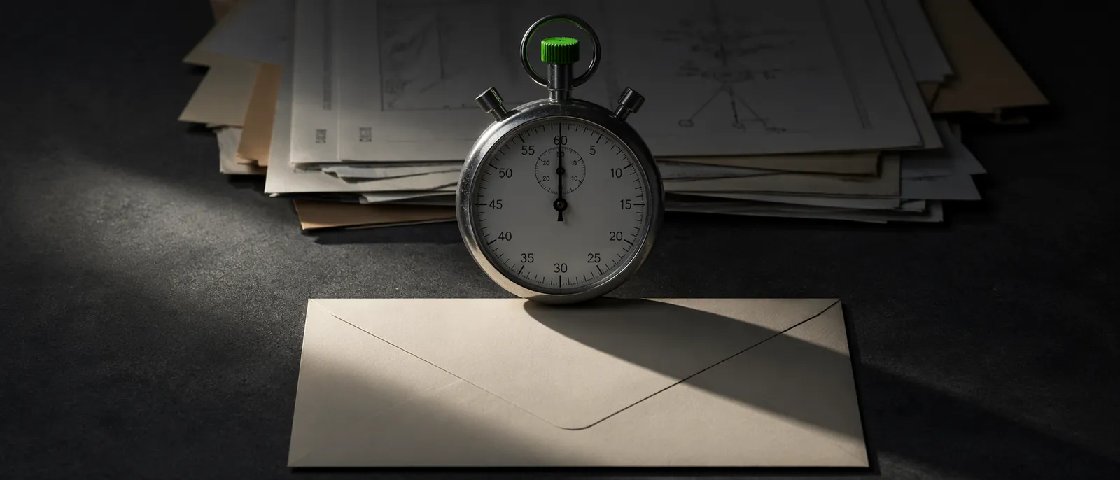 A mechanical stopwatch rests on a plain unopened envelope atop a fanned stack of documents on a matte charcoal desk, lit by a single hard directional light.