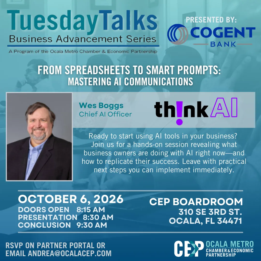 Ocala CEP Tuesday Talks flyer for Wes Boggs speaking on mastering AI communications