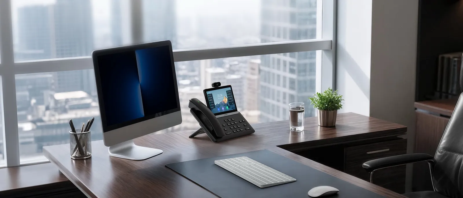 Yealink executive desk phone with color touchscreen and clip-on camera sitting on a walnut desk next to an iMac, keyboard, and mouse, with floor-to-ceiling windows looking out over a hazy city skyline.