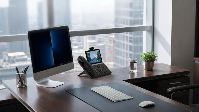 Yealink executive desk phone with color touchscreen and clip-on camera sitting on a walnut desk next to an iMac, keyboard, and mouse, with floor-to-ceiling windows looking out over a hazy city skyline.