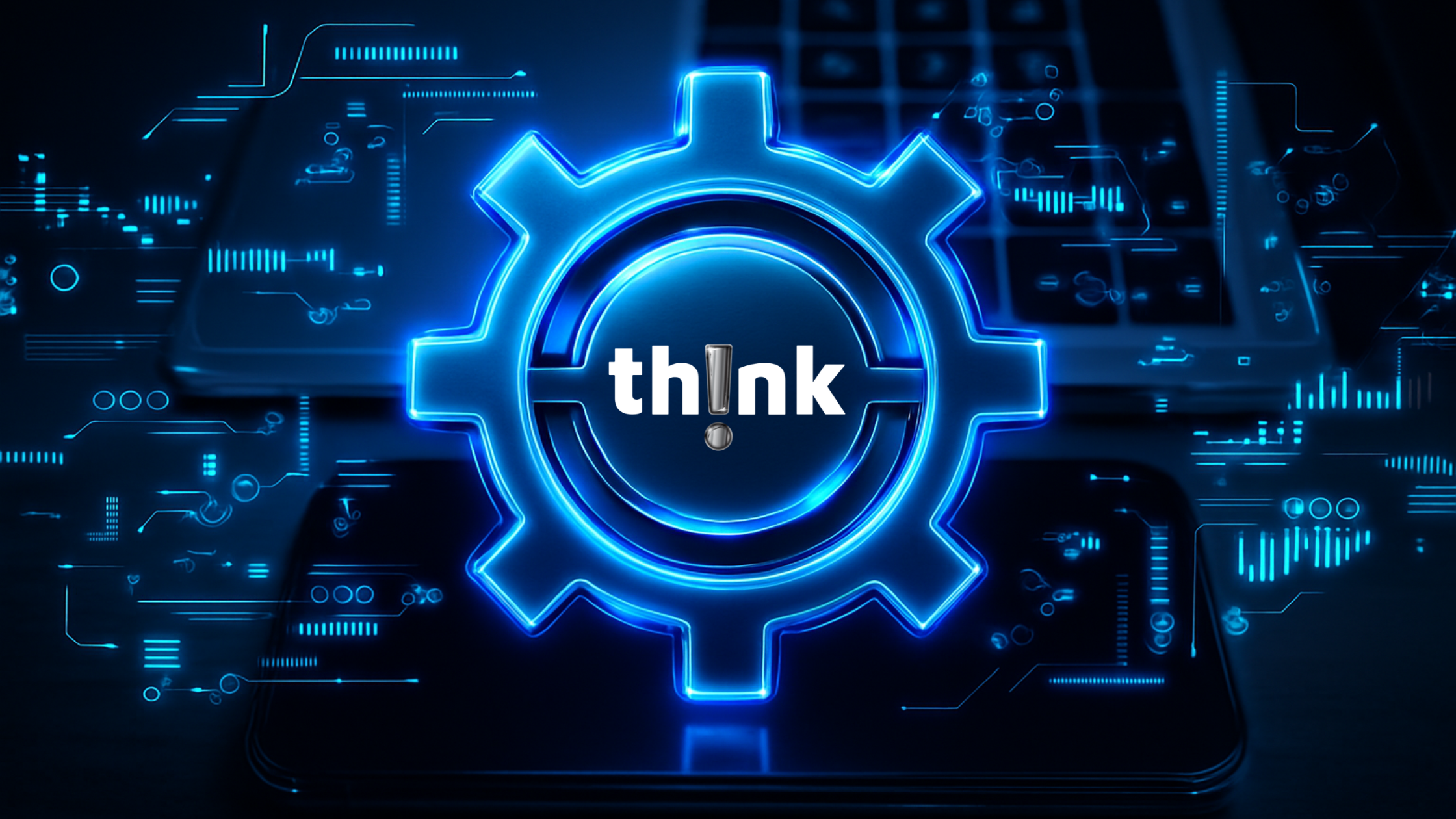 Glowing blue neon gear icon with 'think' text centered on dark tech background with digital interface elements and circuit patterns
